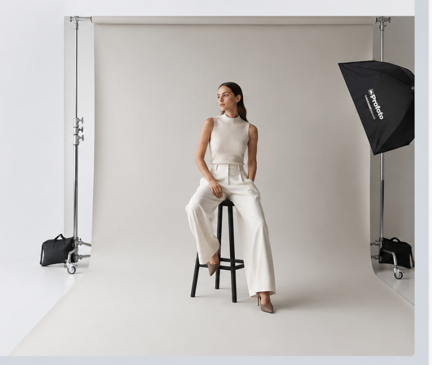 Professional photography studio using a seamless paper backdrop